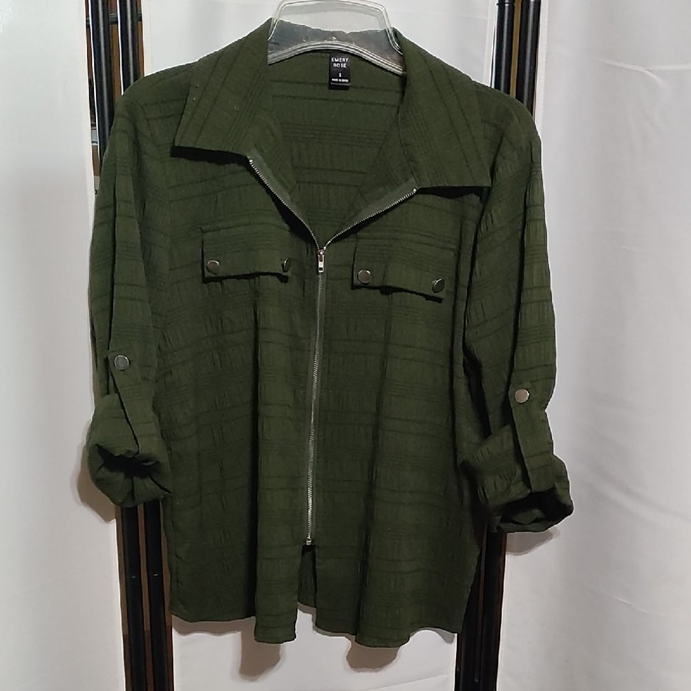 Dark Olive Zip Shirt Jacket With Metal Button Accents